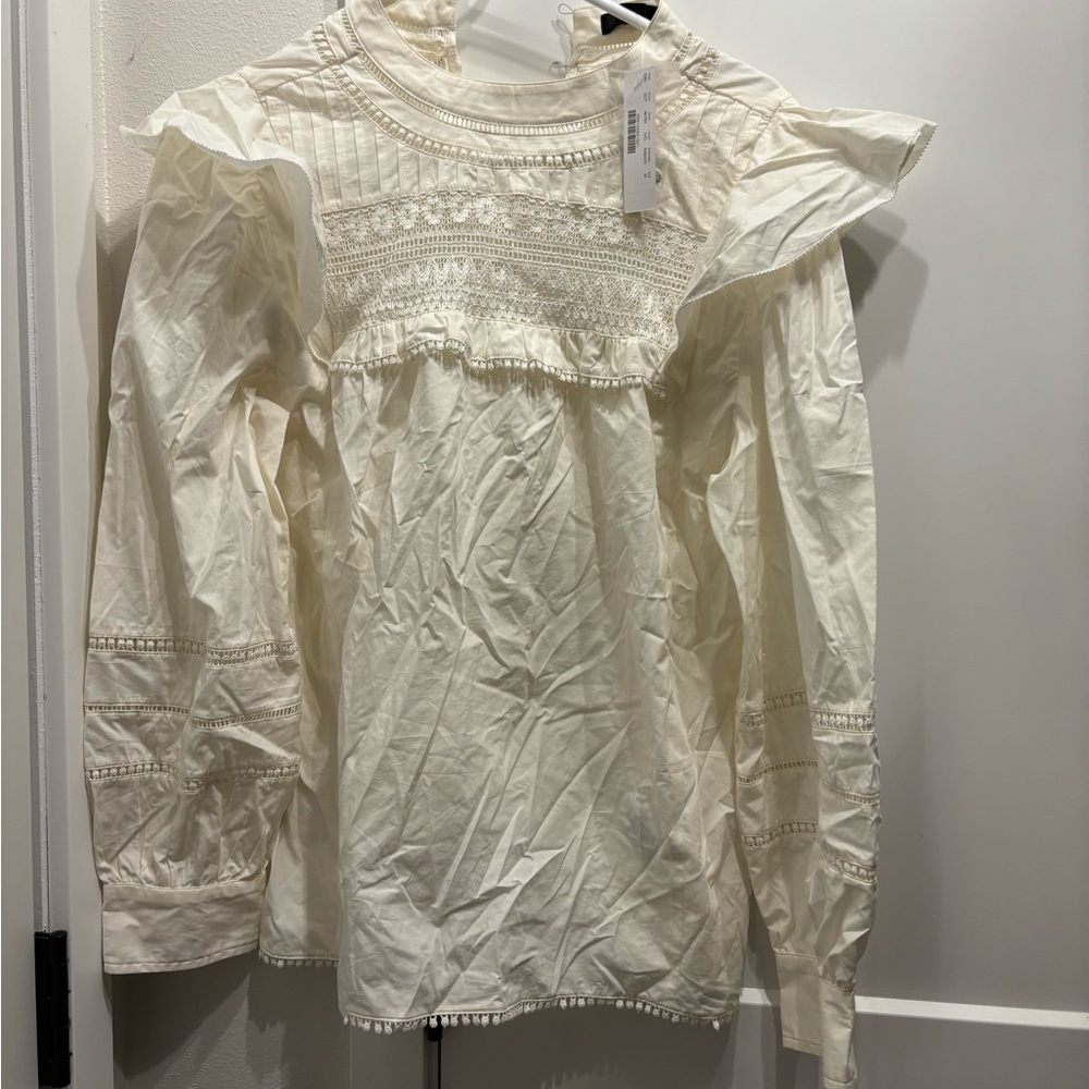 J. Crew Cream Blouse with Ruffled Smocked Bib Collar
